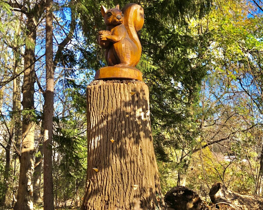 Giant wooden squirrel statue at Haverford College Arboretum in Philadelphia, Pennsylvania